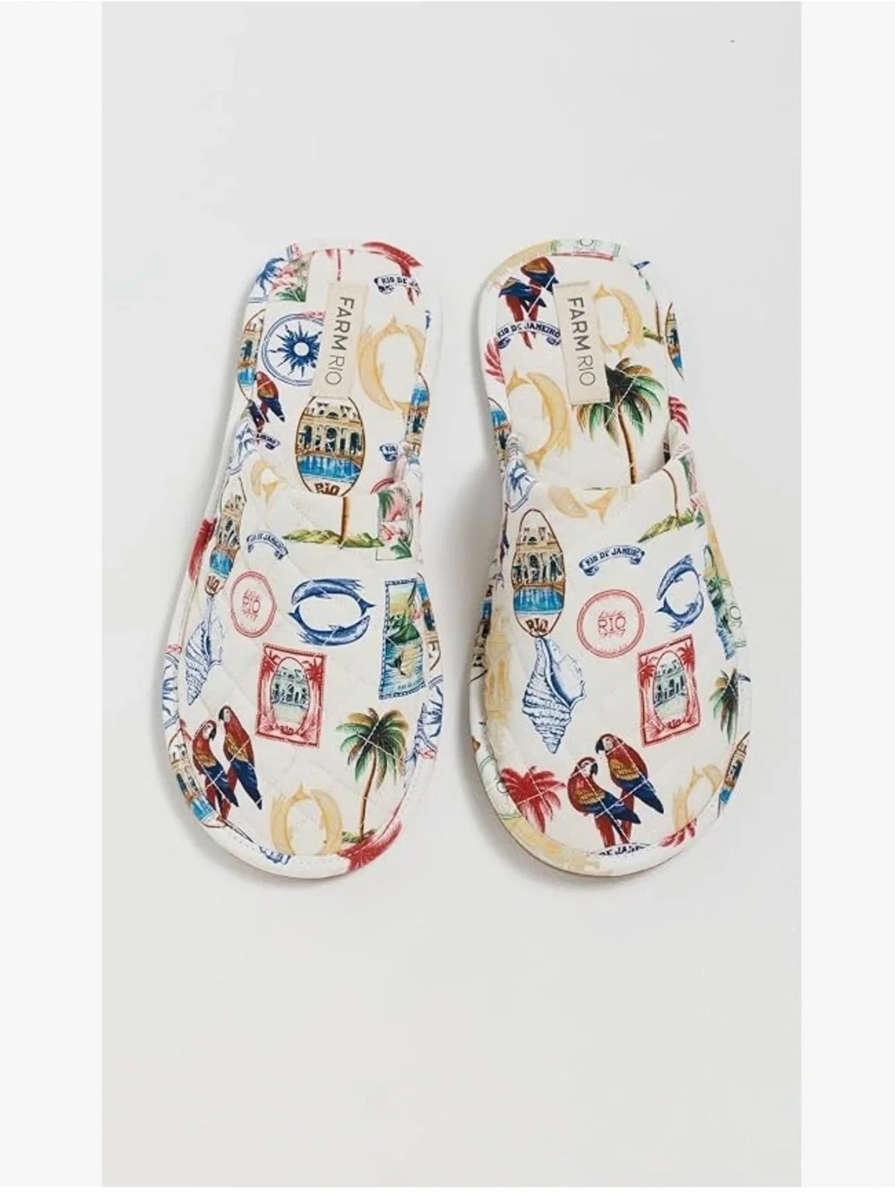FARM Rio Anthropologie Cream Slip-On Slippers with Multicolor Tropical Vintage